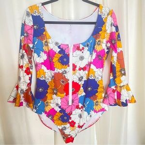 StylEst Shapewear designer zip front ruffle sleeve one-piece bodysuit swimsuit